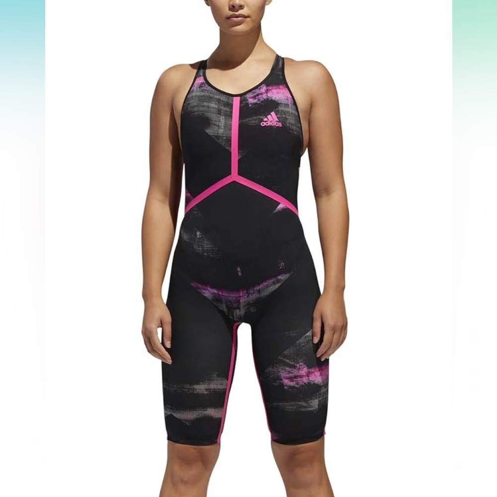 Black and Pink Abstract Pattern Adidas Racing Swimsuit (3XS)